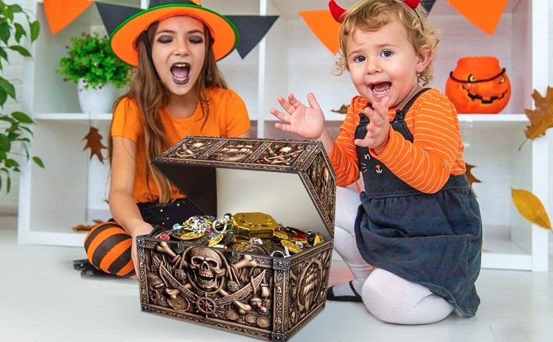 PETCEE Pirate Treasure Chest & Skull Box - Large 9"x 9.3"x 8" Cardboard Classroom Storage for Kids Prizes Reusable Treasure Chest for Classroom Rewards Pirate Party Decor Toys Keepsake Organizer - Image 4